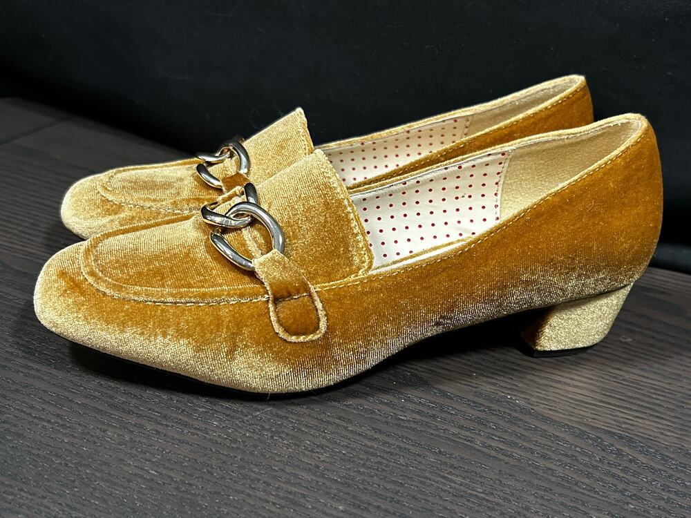 B.A.I.T. But Another Innocent Tale Gold Velvet Chain Loafers Block Heel